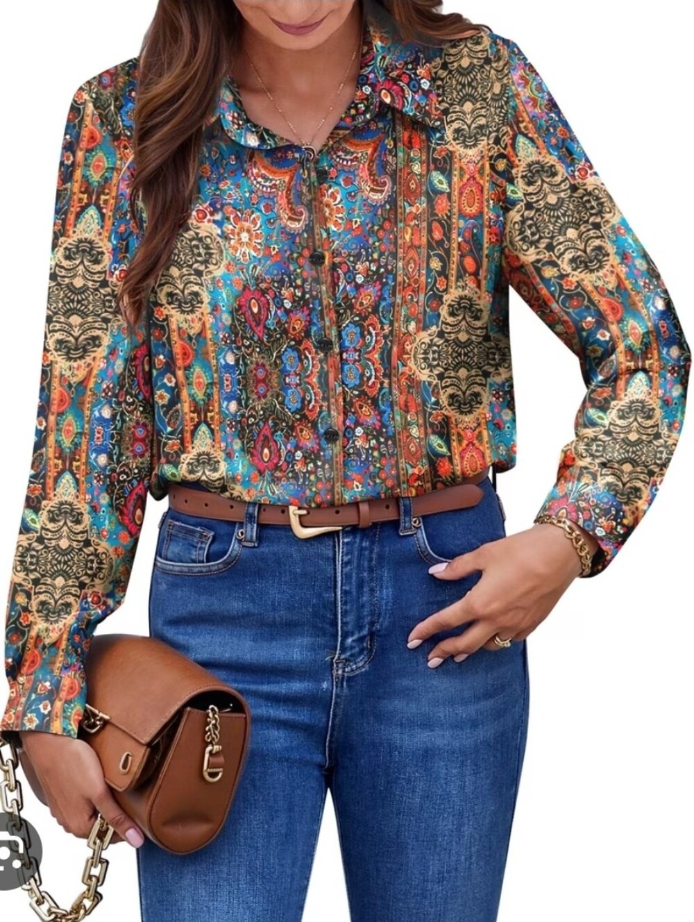 Fantaslook Women’s Multicolor Boho Print Button-Up Blouse- Size Medium